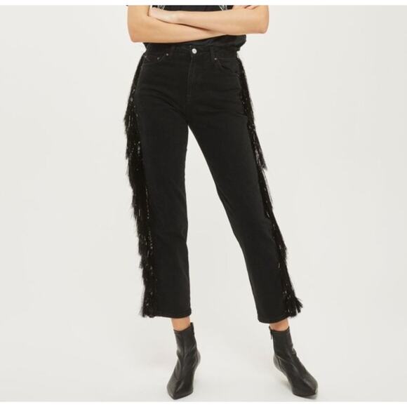 Topshop Denim - Topshop Black Tinsel Fringe Straight Leg Jeans